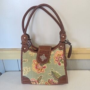 Vtg Rossetti Purse Brown Hand Bag Leather Linen Cotton Paisley Tapestry Hardware